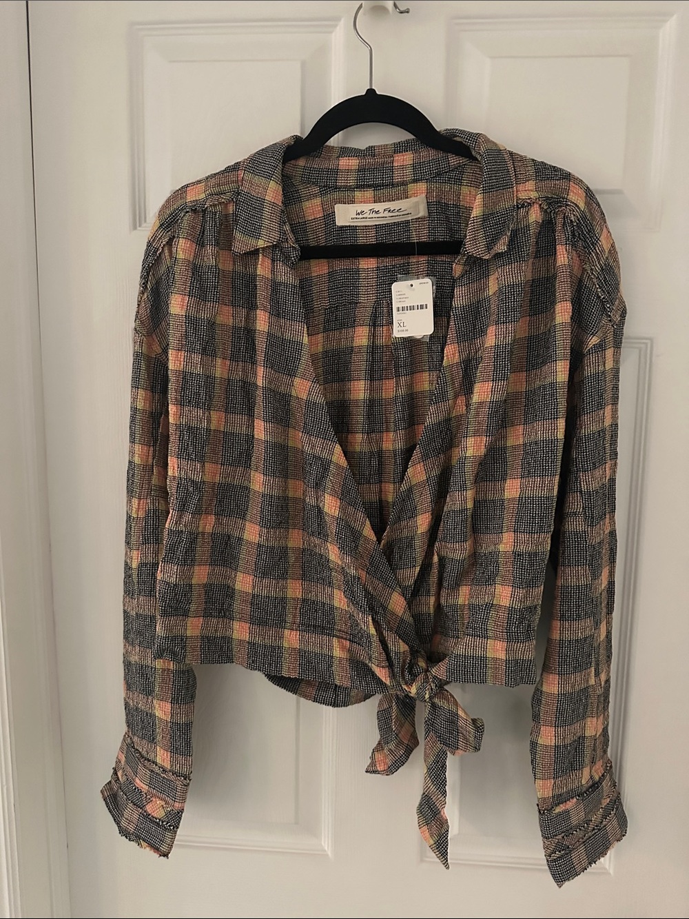 Free People Pink and Plaid Tie-Front Button Down Shirt Size XL NWT